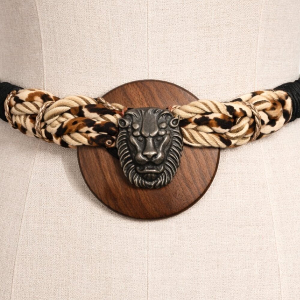 Vintage 80's statement belt lion head jungle braided stretchy one size